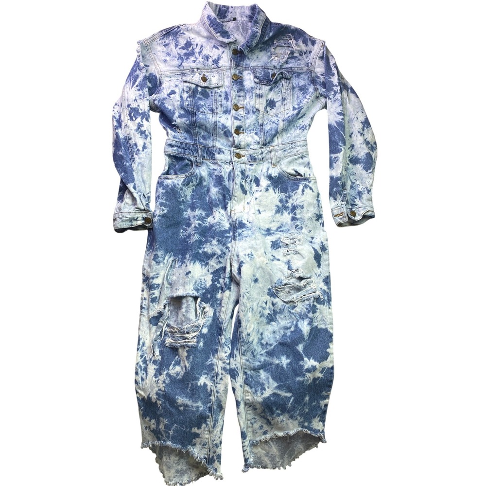 Fashion Nova Blue Tie-Dye Distressed Denim Jumpsuit
